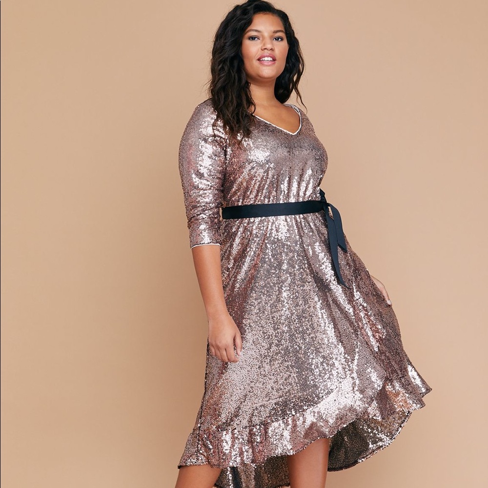 SEQUIN FIT & FLARE FAUX WRAP DRESS